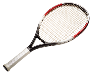 A sports tennis racket featuring red and black accents, isolated on a transparent background, ideal for active lifestyle and training