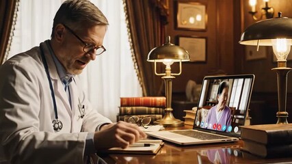 Experienced Doctor Engaged in Telemedicine Consultation with Patient from Cozy Office Setup in