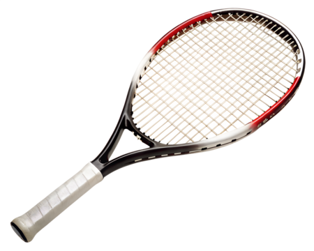A sports tennis racket featuring red and black accents, isolated on a transparent background, ideal for active lifestyle and training - Powered by Adobe