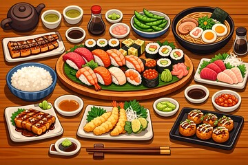 Variety of sushi and Japanese dishes on wooden table