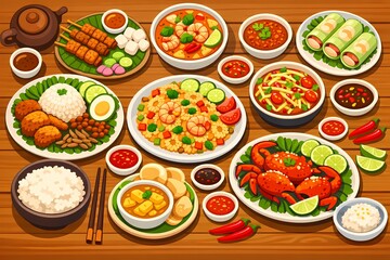 Vibrant Asian cuisine spread on wooden table with various dishes