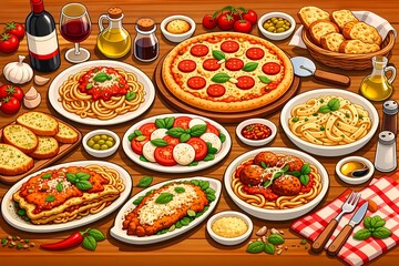 Delicious Italian feast with pasta pizza and bread on wooden table