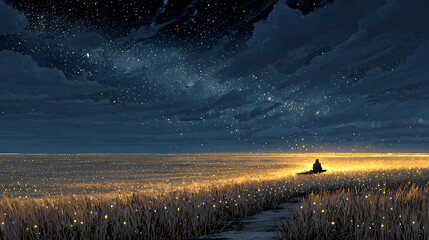 A lone wanderer traverses an ethereal field bathed in the soft glow of a starlit night, guided by a shimmering path through the enchanting landscape
