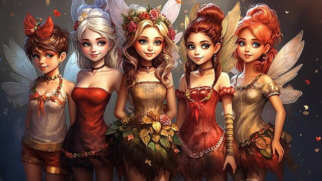 A group of five beautiful fantasy fairies standing together. Animated illustration of magical female characters. Fairytale and mythology concept