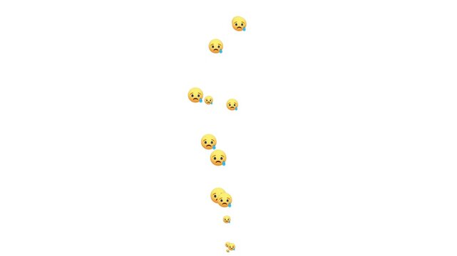 stream of unhappy emoticons for video editing. animated crying face icons rising up. social media live stream sad reaction overlay chroma key. floating sad face emojis with tears on white screen.