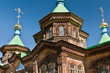 Fototapeta premium Russian Orthodox Church of the Holy Trinity in Karakol city. Kyrgyzstan. Asia.
