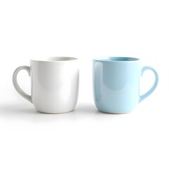 Two Ceramic Mugs: Classic White and Pastel Blue Drinkware on a Bright Background. Clean, Minimalist Kitchen Utensils for Coffee or Tea.