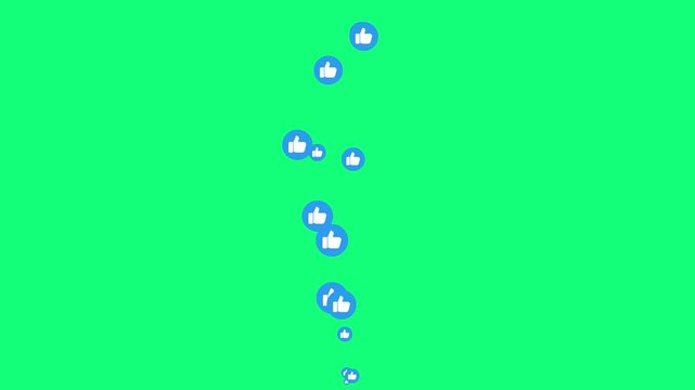 animated like button icons rising up on green background. blue like emoji particles floating upwards animation. digital expression of agreement and support icons isolated.