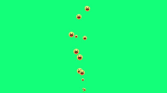social media live stream haha reaction overlay. floating laughing face emojis on green background. stream of joyful emoticons for video editing. animated smiling face with tears icons rising up. 