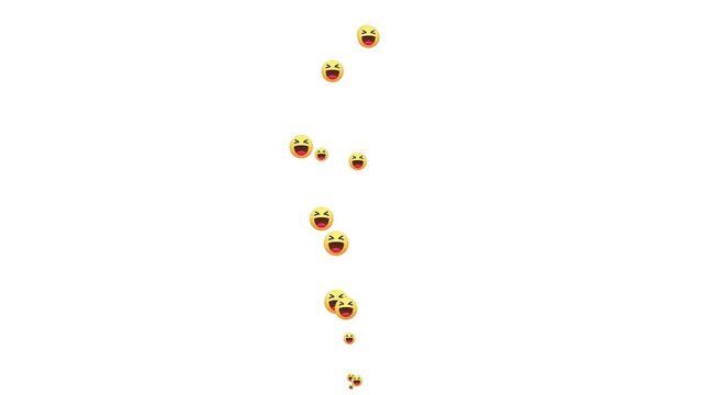 stream of joyful emoticons for video editing. animated smiling face with tears icons rising up. social media live stream haha reaction overlay. floating laughing face emojis on white background. 