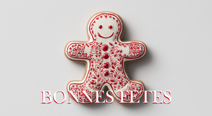 Bonhomme en pain d&rsquo;&eacute;pices gingerbread d&eacute;cor&eacute; de gla&ccedil;age rouge et blanc sur fond clair, texte en fran&ccedil;ais "BONNES F&Ecirc;TES" pour no&euml;l et f&ecirc;tes de fin d&rsquo;ann&eacute;e en p&acirc;tisserie traditionnelle