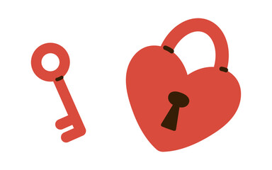 Vector romantic key and heart padlock couple in flat minimal style. Love lock and matching key illustration for Valentines day greeting, wedding decor and relationship concept design.