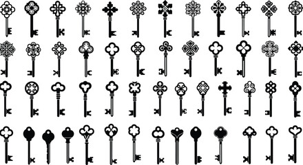 Antique Skeleton Keys Vector Set, Ornate Ornamental Vintage Black and White Silhouettes, Decorative Retro Collection of Old Magic Medieval Door Lock Tumb Key Icons for Digital Graphic Design