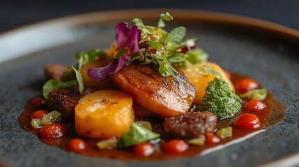 Gourmet plated dish featuring seared protein, vegetables, and microgreens, artfully arranged on a dark ceramic plate, highlighting fine dining.
