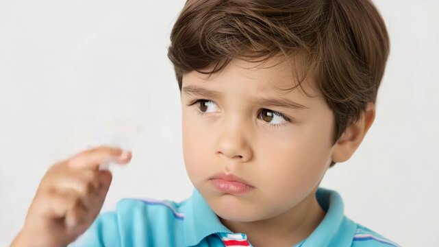 Thoughtful young boy concentrating and tapping his forehead for a problem-solving concept, memory, and cognitive development