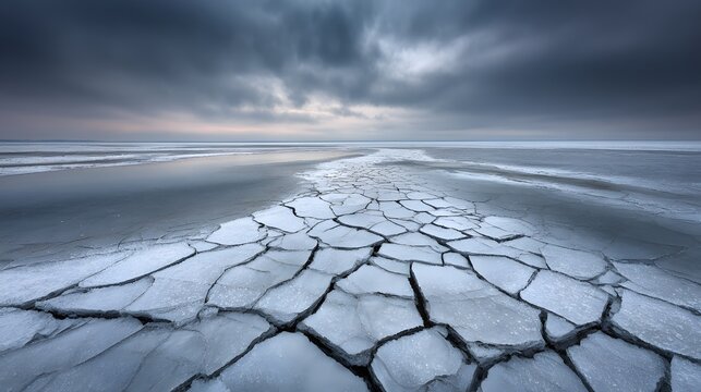 Intricate fractured ice shards creating a path across a frozen winter landscape under a moody sky