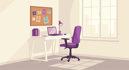 Fototapeta premium Productive Home Office Interior Vector Illustration featuring a Desk, Laptop, Chair, and Bulletin Board for Remote Work and Study. (18 words)