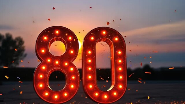Animated number 80 with marquee lights and falling confetti. 80th birthday or anniversary celebration against a sunset background. Festive milestone greeting