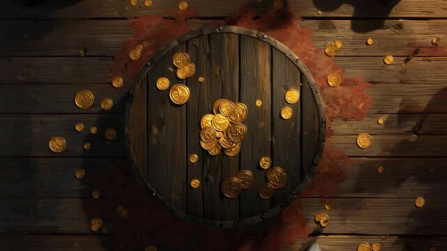 Gold coins lie scattered atop a round wooden barrel, set on a plank wood floor stained red, suggesting a fantasy or medieval tavern scene