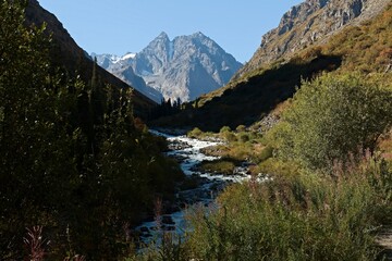 View of the Ala Archa River Valley and Nomads Peak in the Tian Shan Mountains. Upper Ala Archa Trail. Kyrgyzstan. Asia.