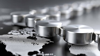 Blockchain technology conceptualizing global decentralized network, secure supply chain management, data security, digital ledger, and interconnected economy with metal chain links on world map