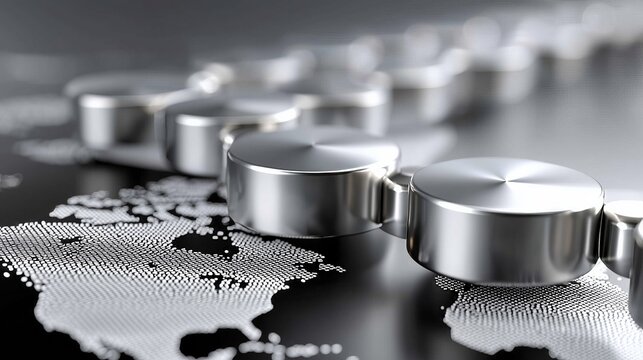 Blockchain technology conceptualizing global decentralized network, secure supply chain management, data security, digital ledger, and interconnected economy with metal chain links on world map - Powered by Adobe
