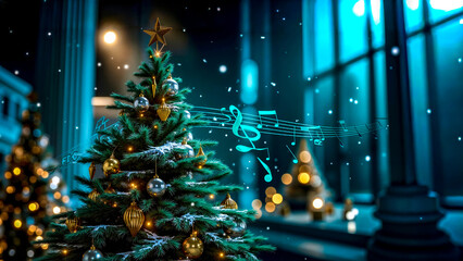 A Christmas tree decorated with gold ornaments and music notes