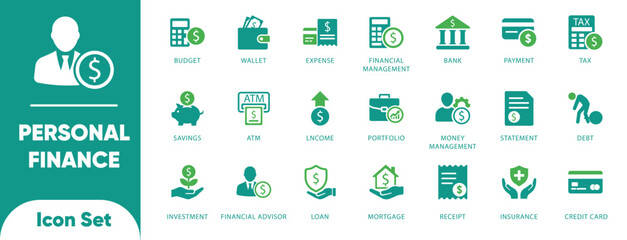 Personal finance vectors. Features savings, debt, mortgage, and tax symbols. Ideal for banking apps, advisors, and money management UI.