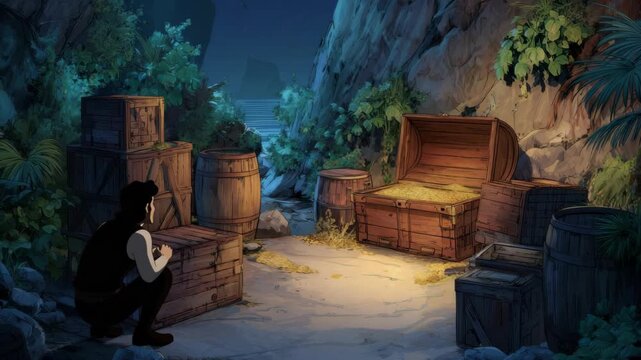 Wooden treasure chest filled with gold coins surrounded by crates and barrels in a jungle cave, hand-drawn style, nighttime backdrop, concept of hidden treasure