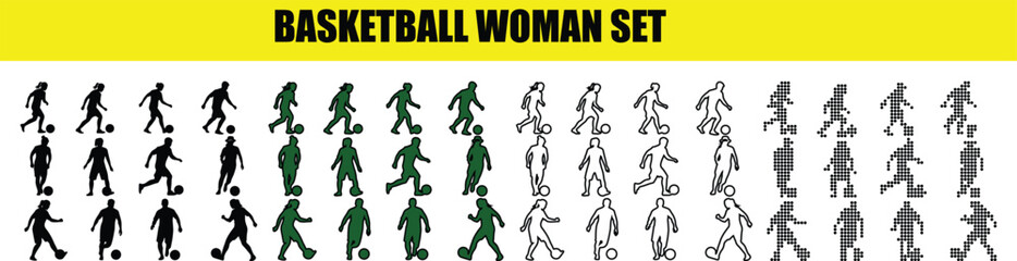 Set collection of basketball woman players, basketball vactor set,basketball icon set in line style, Vector illustration.