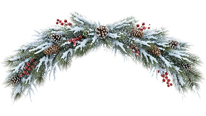 Frosted snowy Christmas garland swag with red berries, pine cones, fir branches and icicles, rustic natural evergreen decoration isolated on white background for winter holiday
