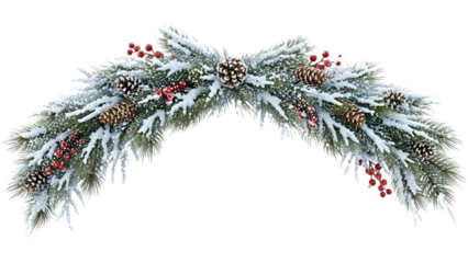 Frosted snowy Christmas garland swag with red berries, pine cones, fir branches and icicles, rustic natural evergreen decoration isolated on white background for winter holiday