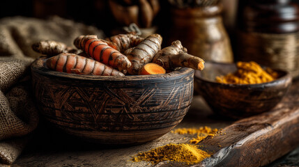 Rustic kitchen scene featuring raw turmeric roots in a clay bowl with natural textures, earthy tones, realistic lighting, and vibrant colors for organic cooking concept