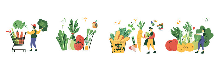 Fototapeta premium Person shopping fresh vegetables in cart and basket with various grocery items including broccoli, carrots, tomatoes, peppers, leafy greens and herbs in flat minimalist vector style illustration