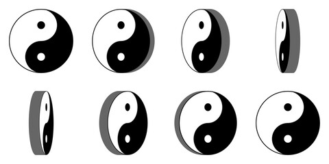 Fototapeta premium 8 Frame 3D Style Sprite Sheet of Rotating Round Yin and Yang or Yin-Yang Chinese Philosophy Symbol Sign Icon for Game or App Animation. Vector Image.