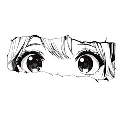 Anime girl peeking through torn paper with large expressive manga eyes detailed in black and white minimalist vector style isolated on white background