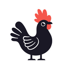 Fototapeta premium Stylized black chicken rooster silhouette with bright red comb and wattle flat minimalist vector design isolated on white background for farm and agriculture concept