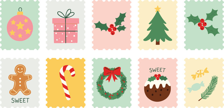 Holiday stamp illustration set, Christmas icons, gingerbread, candy cane, wreath, pudding, festive decor, sweet treats, seasonal design, celebration art