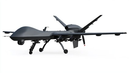 Fototapeta premium a dark gray military drone, side view on a white background, photorealistic.