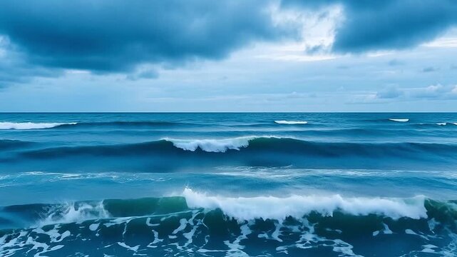 Dramatic blue ocean waves rolling under a stormy sky. Powerful sea with turbulent water and white foam. The raw power of nature concept