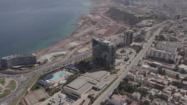 Aerial drone flight along Oran coastal waterfront
