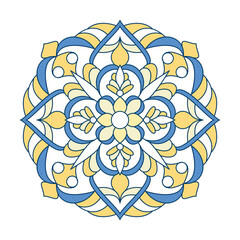 Mandala pattern in blue and yellow colors, symmetrical floral design, vector illustration