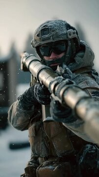 A heavily equipped soldier in winter camouflage aims a rocket launcher in a snowy environment, showing combat readiness in cold conditions.