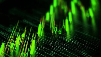 Bright green candlestick chart bars glowing on a digital black background, representing financial data and stock market trading concept - Powered by Adobe