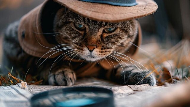 A cat wearing a hat is lying on the ground. It studies a map with a focused expression. The setting is outdoors with grass and natural elements around it