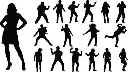 Dynamic collection of expressive performer silhouettes featuring dancing, singing, and energetic stage movement, ideal for creative vector illustration,  