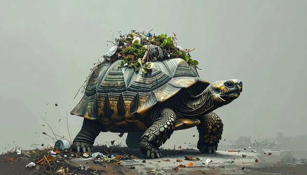 A turtle carries waste and nature symbolizing environmental concerns and pollution problems