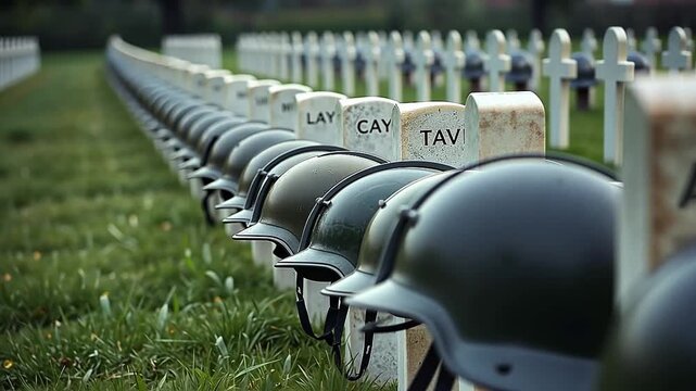A long row of soldiers' graves with helmets on white headstones in a military cemetery. A solemn tribute to fallen heroes. Remembrance and sacrifice concept for Memorial Day