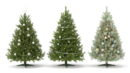 Fototapeta premium Three Lit Christmas Trees — Minimal Holiday Evergreens with String Lights (High‑Res, Isolated PNG)