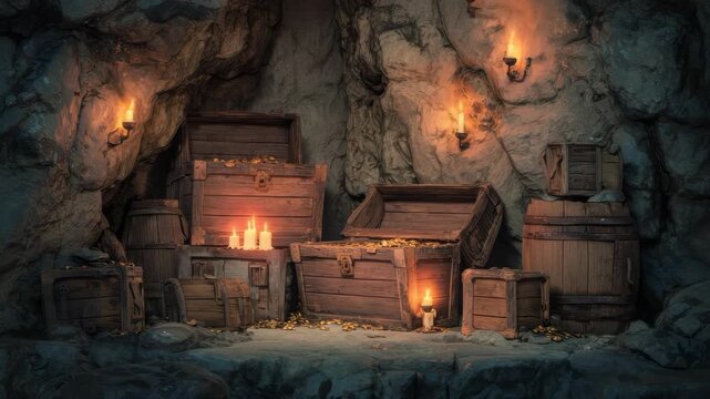 Treasure chests overflowing with gold coins and candles glowing warmly in a rocky cave setting, showcasing a fantasy or adventure concept